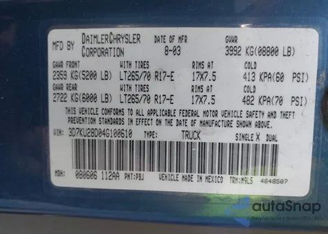 2004 Dodge Ram 2500 Slt/Laramie из США, поврежденный, VIN 3D7KU28D04G100610